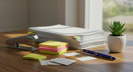 Office Supplies on Desk Paper, Pen, Stapler and Plant