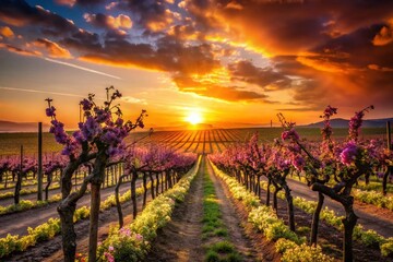 Fototapeta premium Silhouetted Spring Vineyard Blossoms at Sunset - Dramatic Landscape Photography