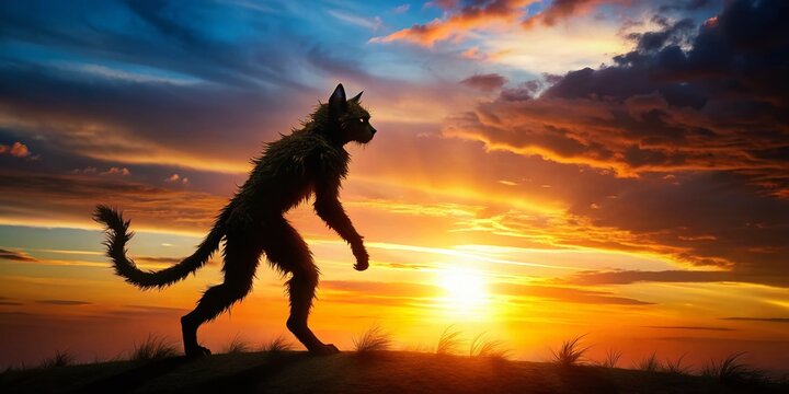 Silhouetted Half-Man Half-Cat Hybrid at Sunset, Mystical Creature