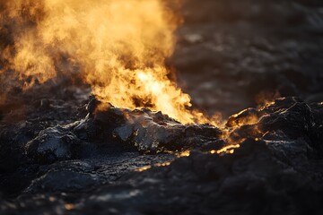 A close up of a fire burning on a dark rocky surface with bright orange flames and smoke rising upwards