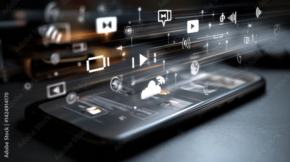 Poster Digital Content Streaming From Smartphone Highlights Various Multimedia Elements in a Modern Tech Setting