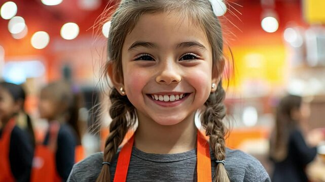 Cheerful young girl in vibrant orange apron smiles brightly, radiating happiness in colorful, lively environment.