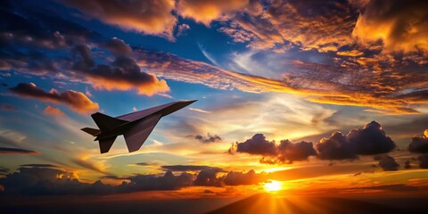 Silhouette of Paper Airplane Soaring at Sunset - Stock Photo