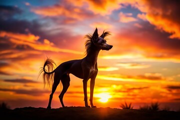 Naklejka premium Silhouette of Small Hairless Dog Breeds at Sunset, Elegant Pet Photography