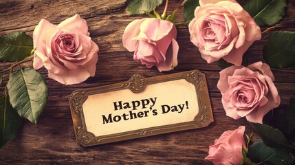 A beautiful label with the words "Happy Mother's Day!" is placed next to pink roses and leaves on an old wooden table against a warm brown background.