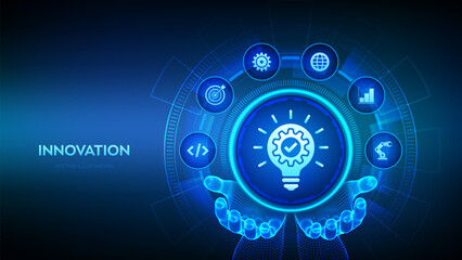 Innovation icon in wireframe hands. Business innovative idea and solution technology concept Creative Idea, inspiration. Brainstorming. Creative Thinking. Vector illustration.