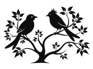 Cute cartoon birds on a spring branch with leaves, a vector illustration of nature's love
