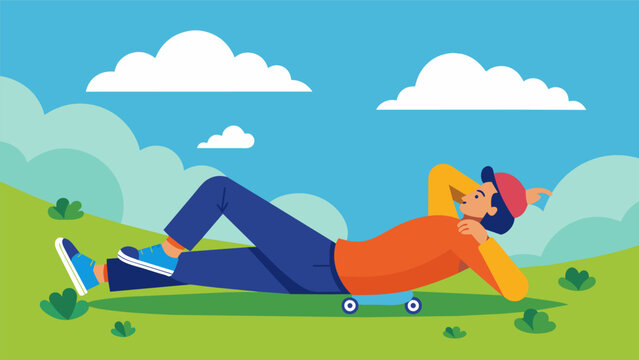 A skateboarder lying on their back in a grassy field watching the clouds roll by as they rest after an exhilarating session.. Vector illustration