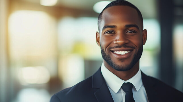 Confident businessman in formal wear with a warm smile, embodying professionalism and success