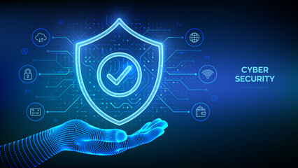 Security shield. Cyber security. Protection shield with Check mark icon in wireframe hand. Cyber data protection. Information privacy idea. Network safety. Circuit board pattern. Vector illustration.