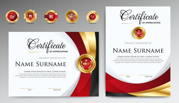 Profesional award certificate template with red and gold shape design. Certificate appreciation, achievement, diploma with set of premium badges. vector - Powered by Adobe