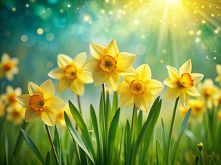 Fototapeta premium Spring Garden Daffodils Bokeh - Vibrant Yellow Flowers in Soft Focus