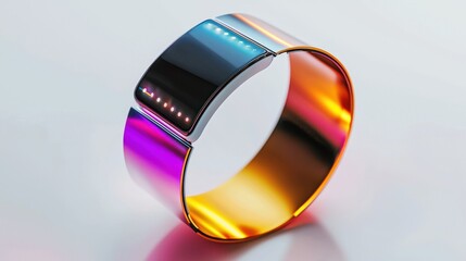 Sleek, futuristic, colorful wristband device, displaying vibrant lights on a modern, metallic band.