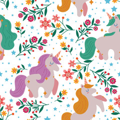 Cute unicorn floral pattern for textile print for fabric, seamless pattern, fashionable cute dress pattern