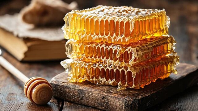 Golden Honeycomb Delight: A Stack of Sweet Honeycomb on Wooden Board