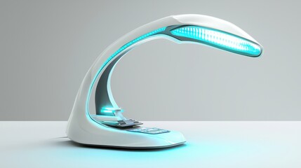Futuristic, white, modern lamp with glowing teal light.  Sleek, technological design.  Illuminated base.  Studio shot.  Isolated on white background.