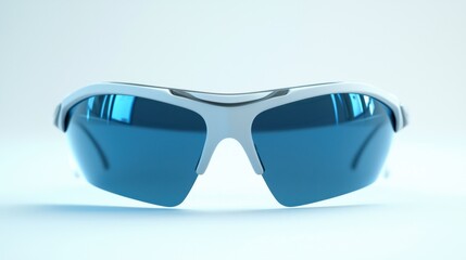 Stylish white sports sunglasses with dark blue lenses,  modern design,  isolated on plain background.
