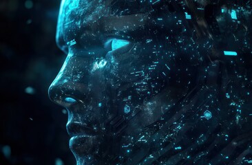 Cyborg Face with Dark Tech Background.