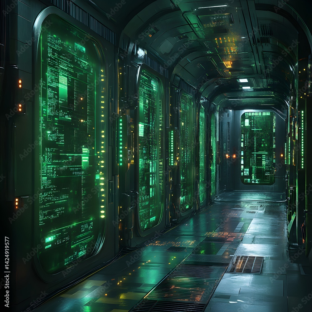 Poster a long corridor filled with glowing green data screens in a futuristic server room. sci-fi atmospher