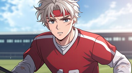 Close-up of an anime-style young male football player with silver hair and a determined expression wea a red jersey on a grassy field du daytime