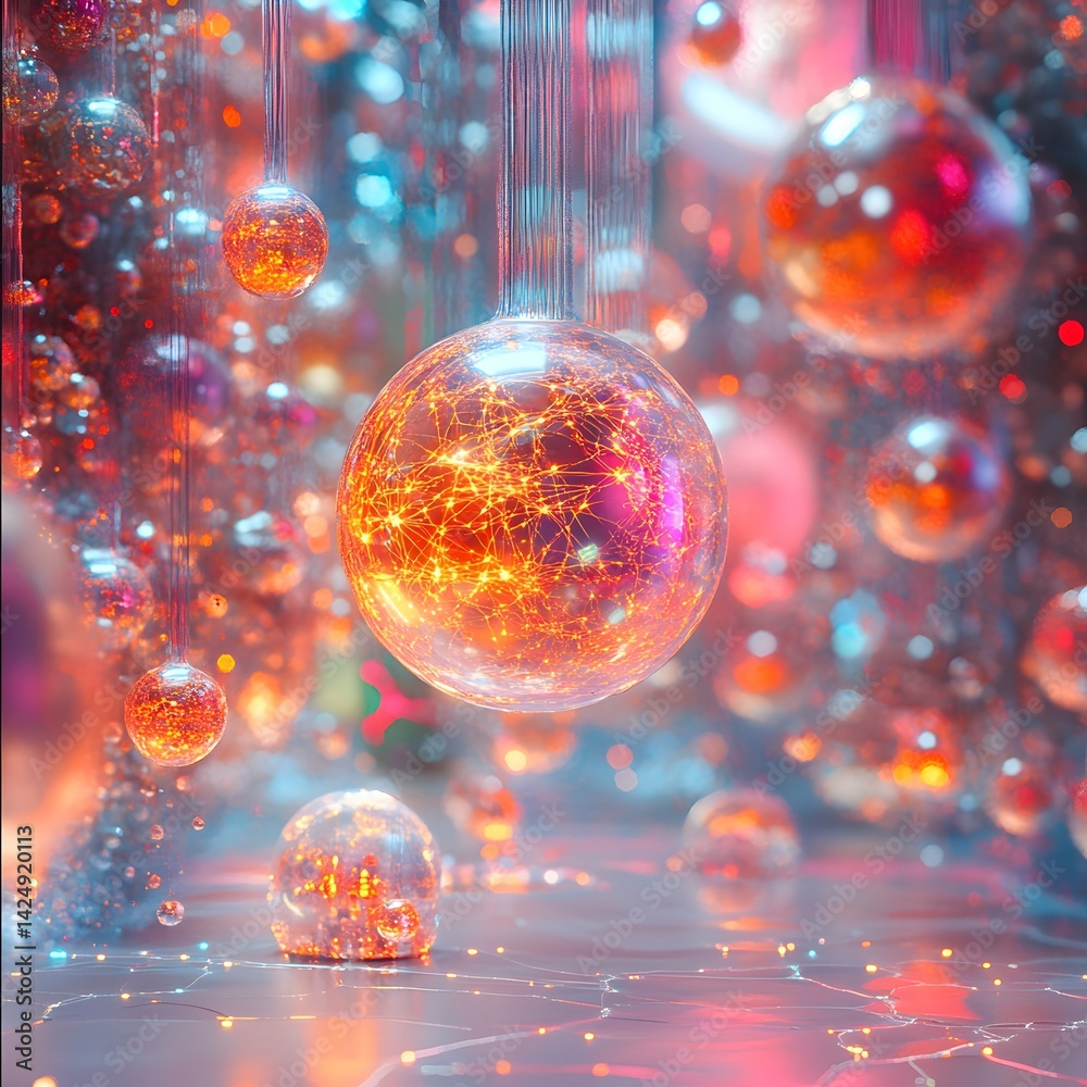 Poster A mesmerizing display of glowing glass spheres, creating a magical and enchanting atmosphere. Intricate light patterns within each sphere add to its captivating beauty. Futuristic Technology Theme