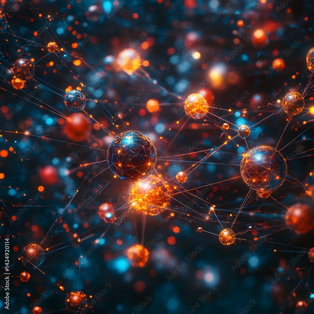 Poster Abstract image depicting interconnected glowing spheres, representing a network or data flow. Futuristic Technology Backgrounds Abstract Network: Glowing Spheres and Interconnected Nodes
