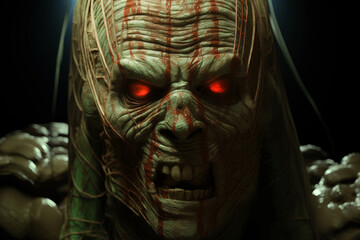 Close up of green monster face with red eyes looks angry and its mouth open revealing teeth