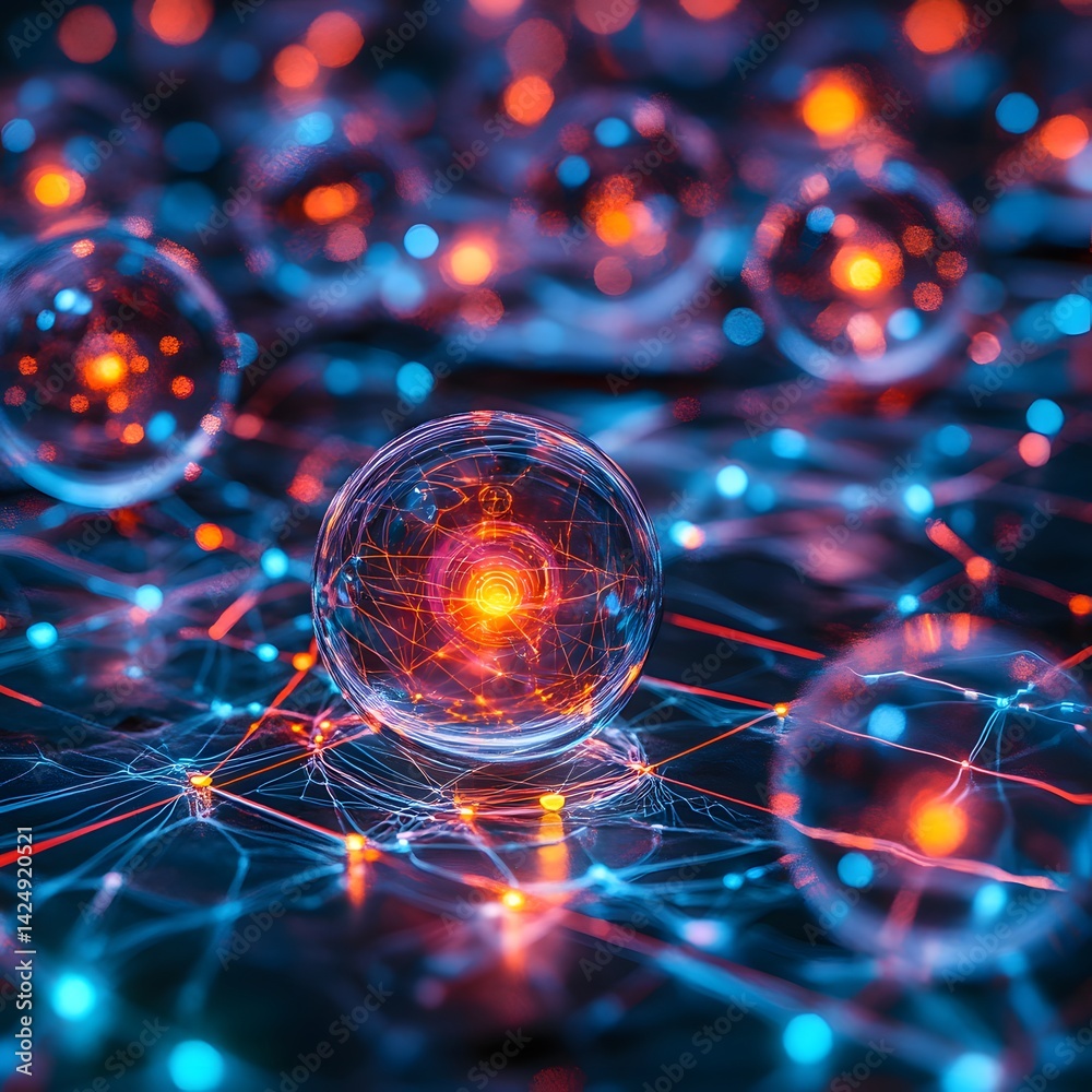 Fototapete an abstract visualization of a network, with glowing spheres and interconnected nodes. represents da