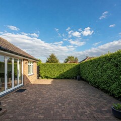 Fototapeta premium Brick patio with trimmed hedges and a sunny blue sky. Building visible on the left. Outdoor living space.