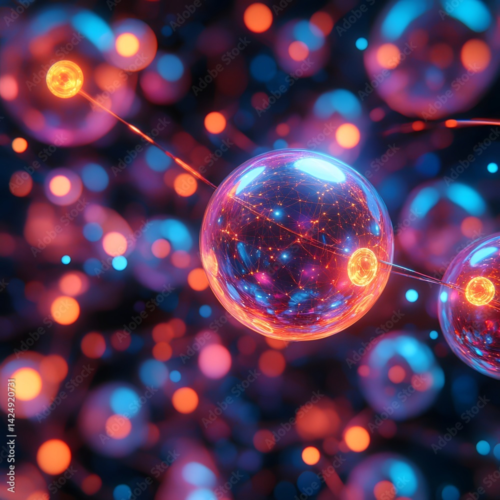 Aufkleber an abstract digital art showing glowing spheres connected in a network. vivid colors and futuristic 