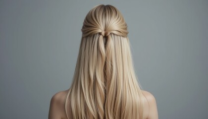 Naklejka premium shot from back. A blond woman with long, straight hair showcases her glamour in a profile closeup, a beauty and fashion model