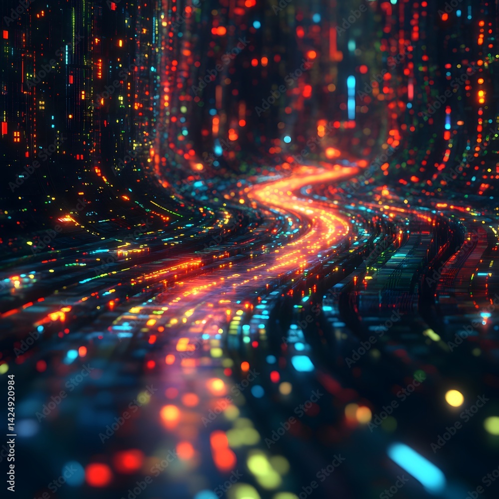 Aufkleber a vibrant digital artwork depicting a flowing river of light, representing data streams and futurist