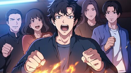 Dynamic anime characters expressing emotions with intense facial expressions and energetic gestures in a colorful animated style illustration