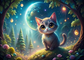 Surreal Cute Cat with Big Eyes in a Dreamlike Wonderland