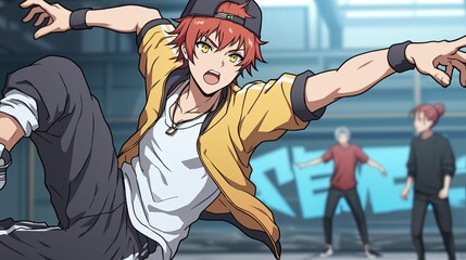Dynamic anime style illustration of energetic young male character performing a dance move in a modern urban setting with vibrant background and other dancers in motion