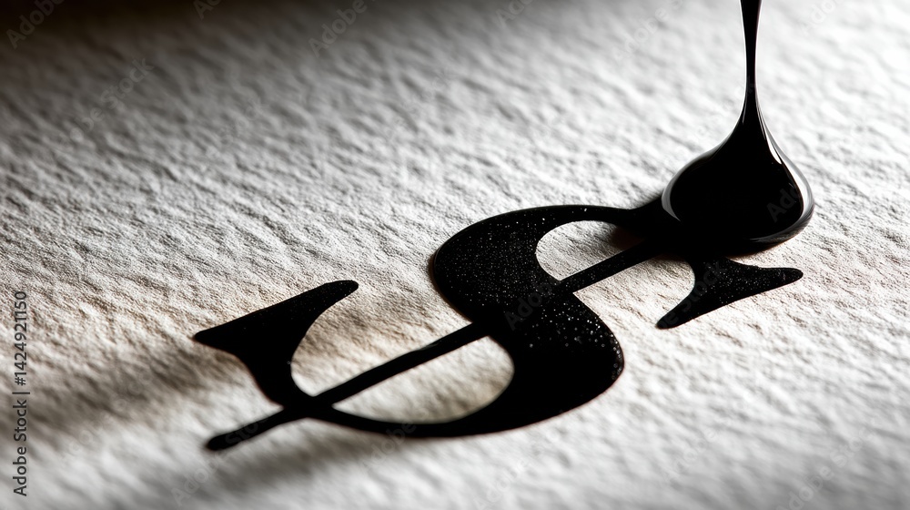 Poster Black Droplet Creating a Dollar Sign Shadow on Textured Paper Background Showcasing Financial Concepts and Artistic Expression