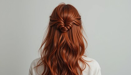 Fototapeta premium shot from back. A woman with long red hair, straight hair showcases her glamour in a profile closeup, a beauty and fashion model