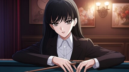 Elegant anime girl with long black hair and white shirt sitting at a desk in a luxurious room with warm lighting and decorative paintings on the wall