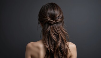 Fototapeta premium shot from back. A woman with long black hair, straight hair showcases her glamour in a profile closeup, a beauty and fashion model
