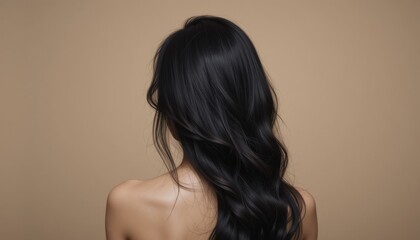 shot from back. A woman with long black hair, straight hair showcases her glamour in a profile closeup, a beauty and fashion model