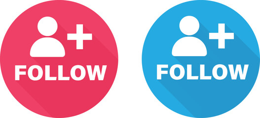 Fototapeta premium Follow Buttons Circular Icons Displaying in Red and Blue with Long Shadow.