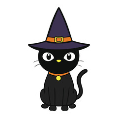 A sleek black cat with glowing eyes, perched gracefully, wearing a classic pointy witch's hat. Its mysterious gaze exudes an aura of magic and mischief under moonlight.