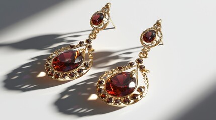Elegant gold-toned earrings with teardrop-shaped,  deep-red gemstones,  luxury jewelry design,  high-end,  faceted gems, .