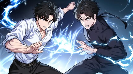 Dynamic anime style illustration of two young male characters engaged in an intense electrical battle with lightning effects and dramatic expressions
