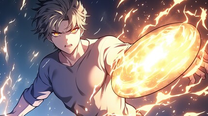 Stunning anime style illustration of a young male character wielding fiery magic energy, dynamic action pose, detailed shading, intense lighting effects, fantasy scene
