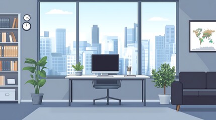 Naklejka premium Modern Office with City Skyline View, Modern office with a city view, featuring a desk, computer, and plants
