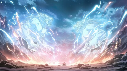 Epic fantasy scene showcasing a massive powerful dragon emerging from a stormy sky with lightning bolts and fiery clouds, creating a dramatic and intense atmosphere