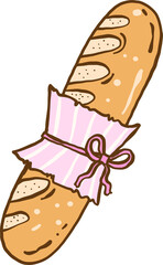 Illustration of a Baguette Wrapped in Ribbon, pastel farmer market