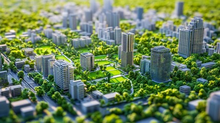 Obraz premium 3D eco city model showing green energy flow and smart urban layout