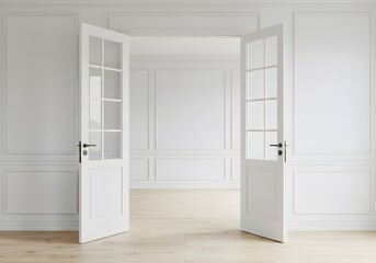 Open white doors bright interior space minimalist architecture